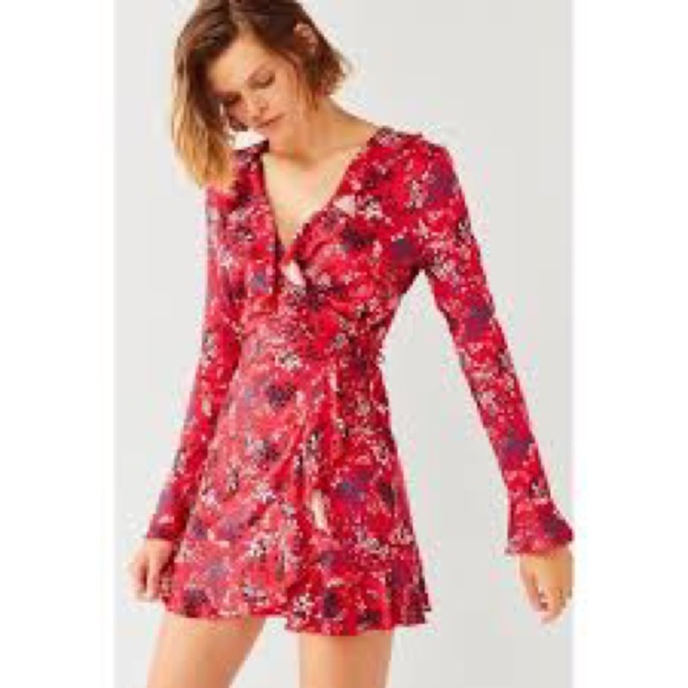 Urban Outfitters Red Blue White Floral Ruffle Long Sleeve Wrap Dress